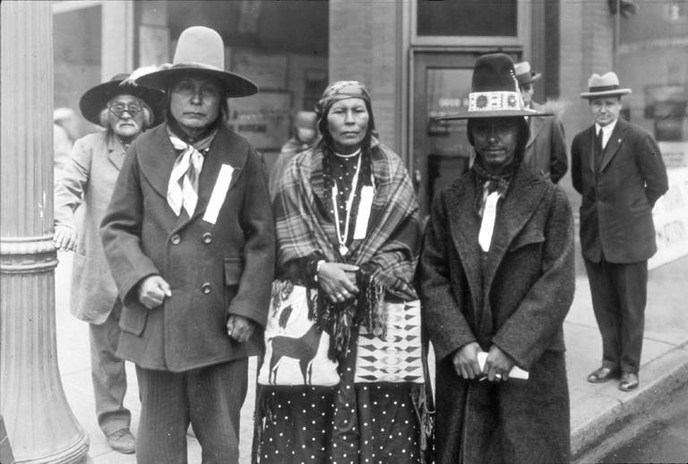 L-R: Chief William Yallup, Mrs. William Yallup, Tom Yallup, 1925. Frank Guilbert, photographer. Nort